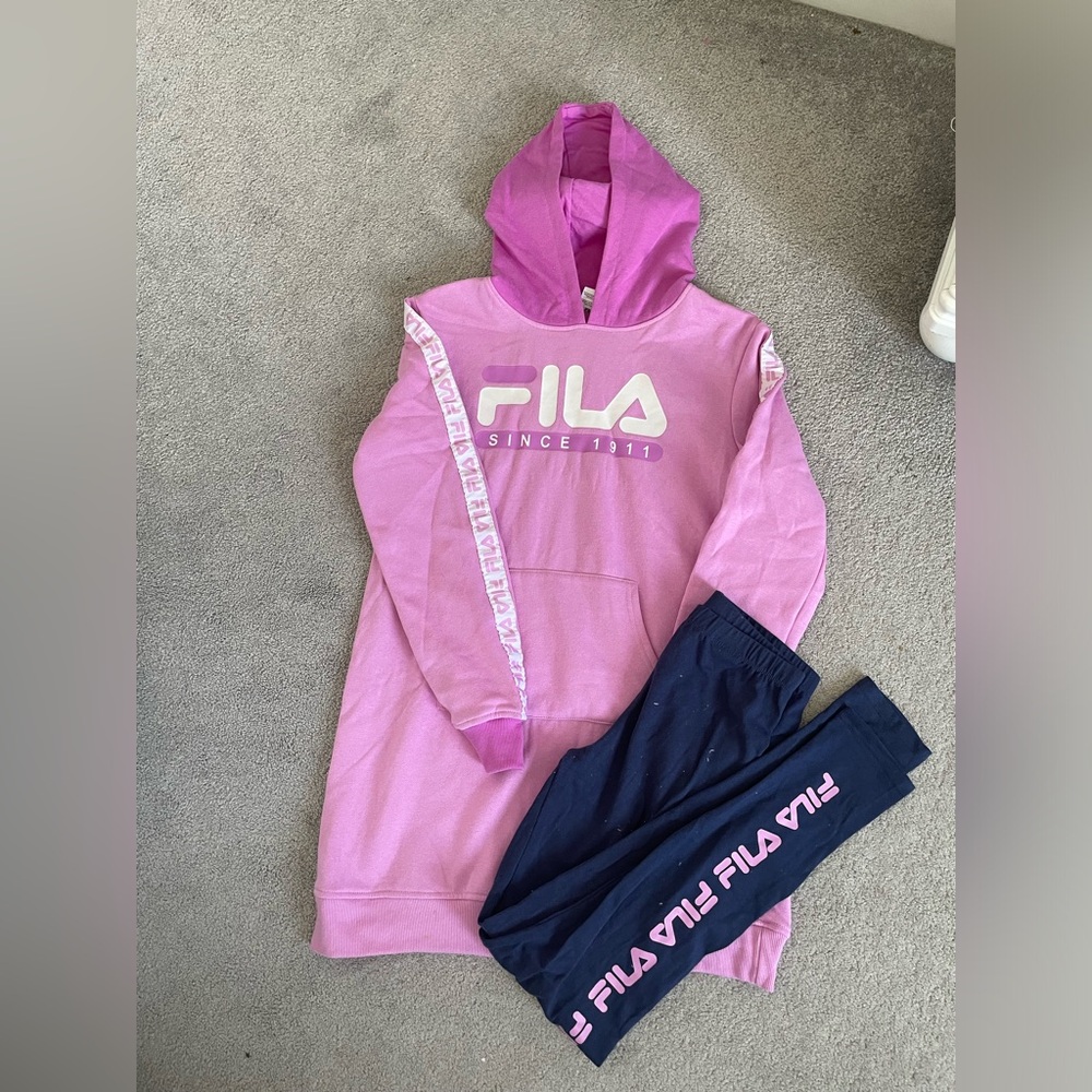 Purple and blue FILA hoodie and leggings set